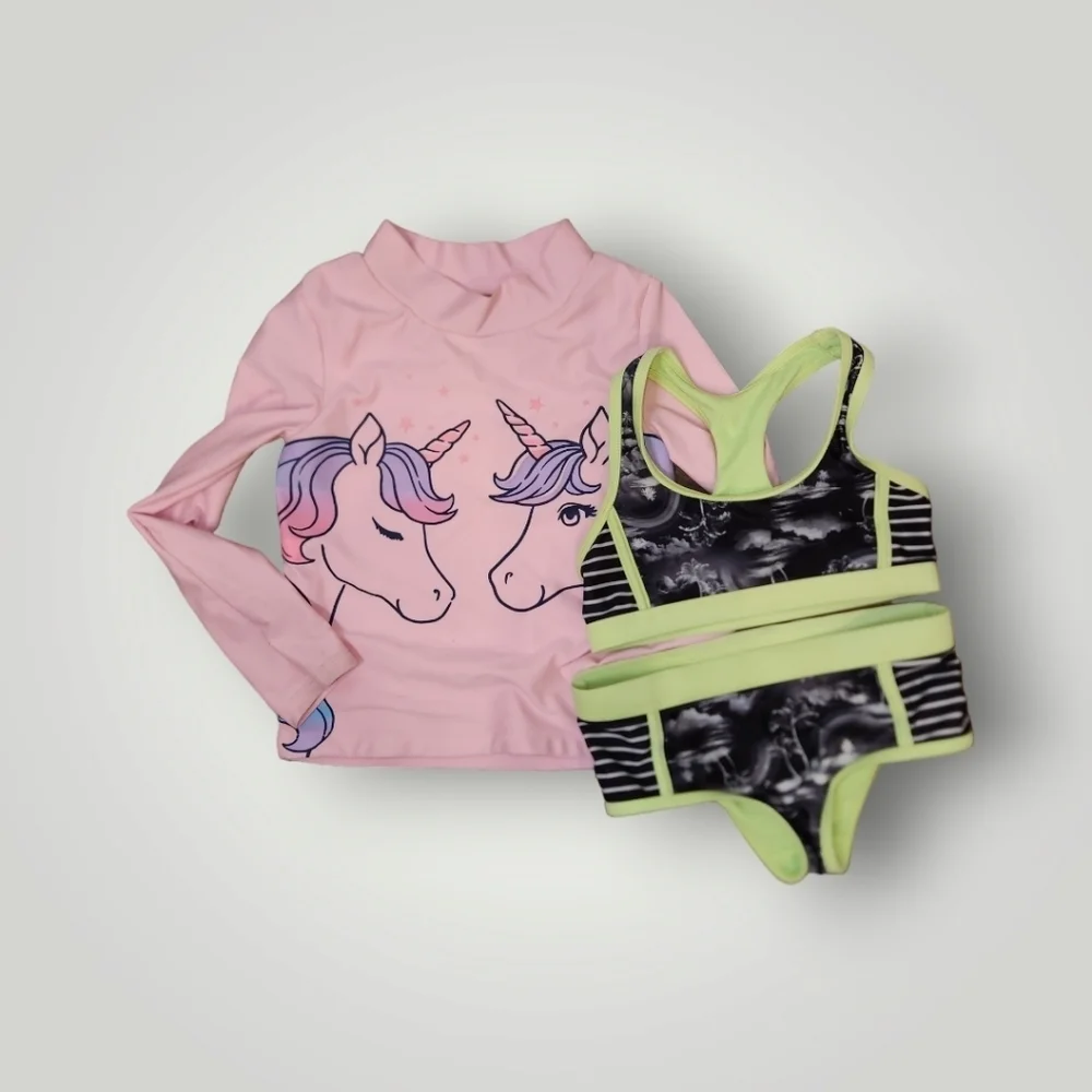 Girls bathing suit lot unicorn rashguard and two piece sizd 5 4/5
